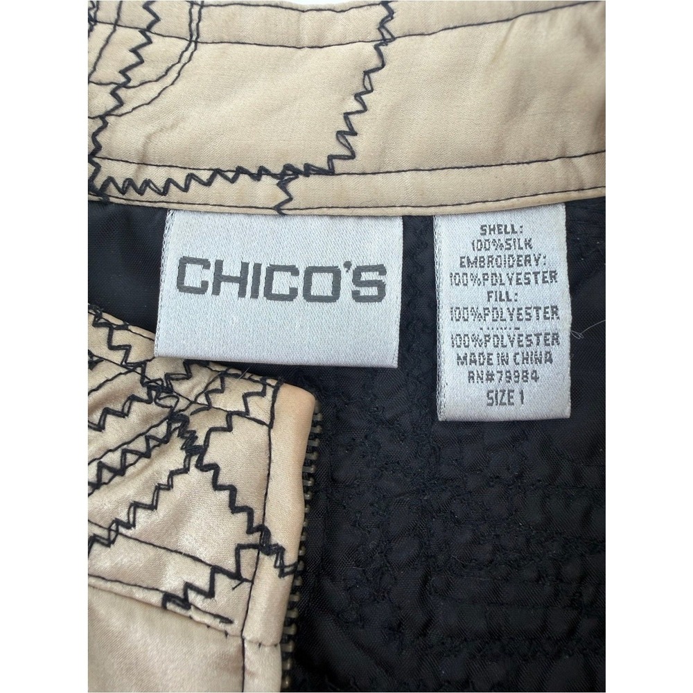 Chicos Silk Geometric Embroidered Zip Jacket Champagne Gold Black Size 1 Medium - Picture 2 of 9